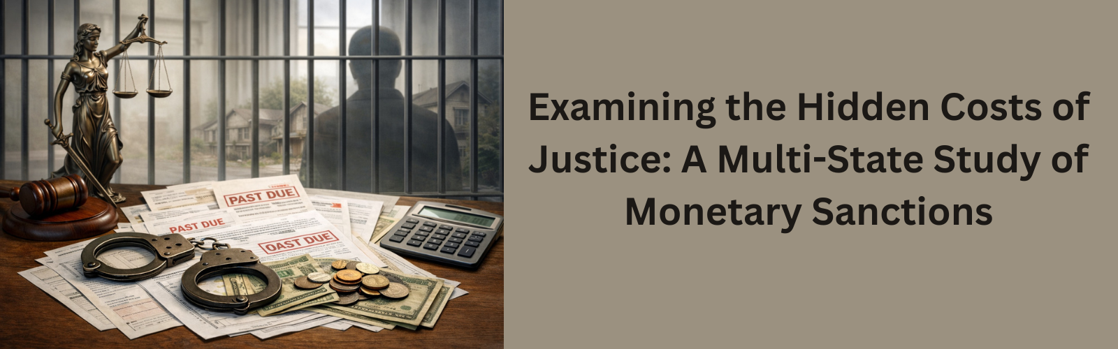 A desk with past due bills, handcuffs, money, and a calculator sits before a window with bars and a statue of justice; text discusses monetary sanctions in the justice system.