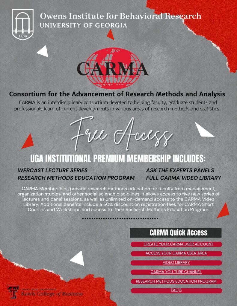 Flyer for Owens Institute for Behavioral Research at UGA promoting free access to CARMA research methods resources, including lectures, panels, courses, and video library.