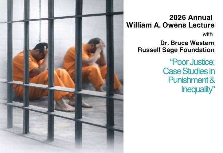 Two men in orange prison uniforms sit with their heads in their hands behind bars; lecture text about punishment and inequality appears on the right.