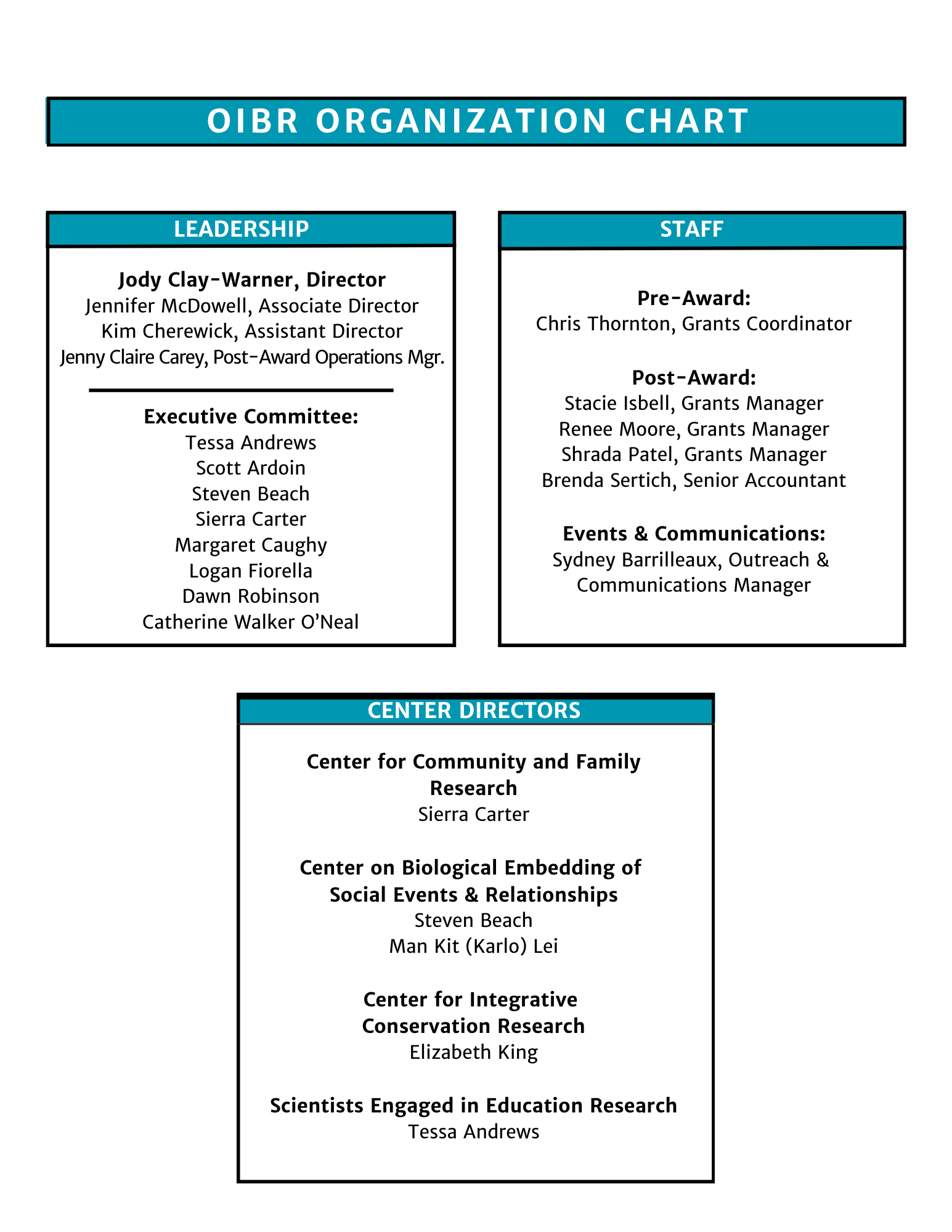 OIBR organization chart listing personnel under Leadership, Staff, and Center Directors departments.